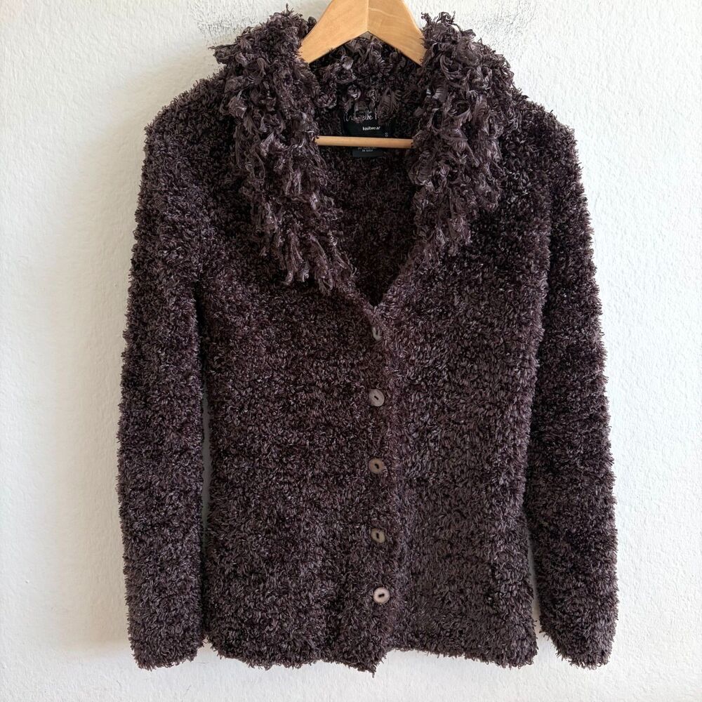 MICHELLE NICOLE Vtg Y2K Brown Shaggy Fuzzy Knit Cardigan Sweater Womens Small